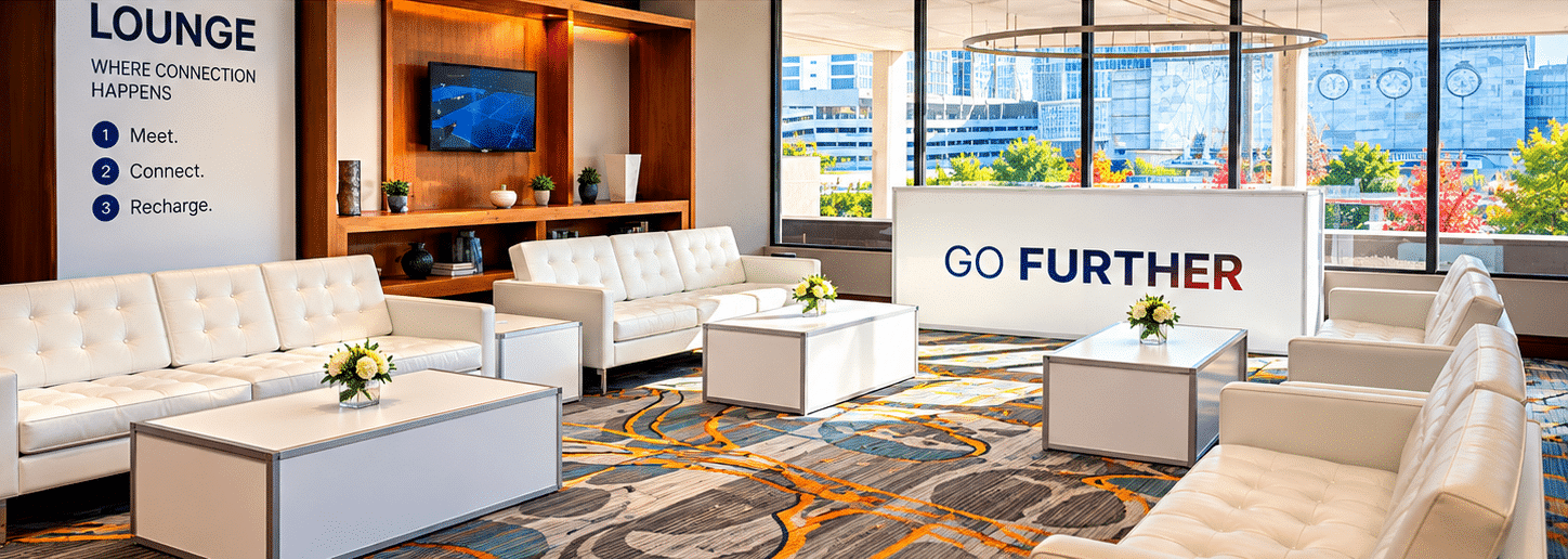 Hospitality lounge with white tufted sofas, cube coffee tables, and a branded counter